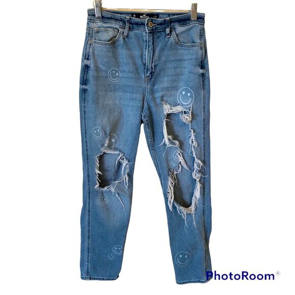 Hollister Ultra High Rise Jean Vintage Stretch Destroyed Smile Face Print 27 - Picture 1 of 9